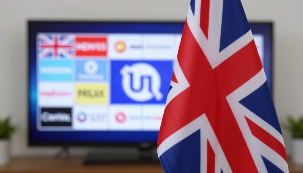 Generate an image of a British flag with a TV screen displaying various UK channels. Generate an image of a British flag with a TV screen displaying various UK channels.
