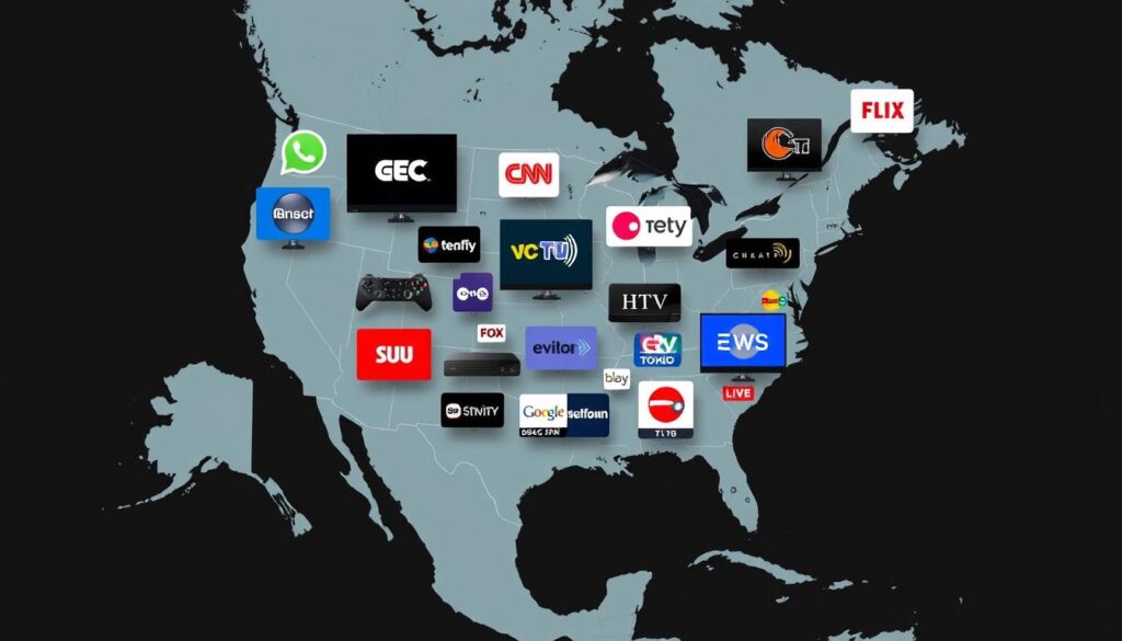 Generate an image of a North American map with TV channels and streaming devices around it. Generate an image of a North American map with TV channels and streaming devices around it.