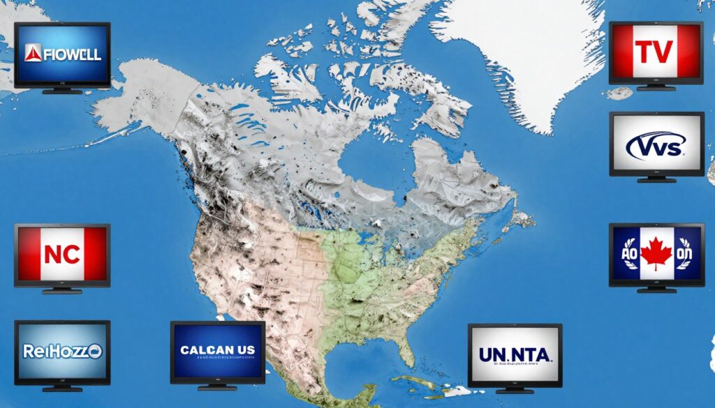 Generate an image of a North American map with TV screens displaying local US and Canadian channels. Generate an image of a North American map with TV screens displaying local US and Canadian channels.