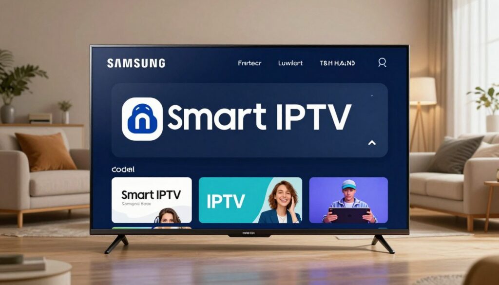 Generate an image of a Samsung TV with the Smart IPTV app open Generate an image of a Samsung TV with the Smart IPTV app open