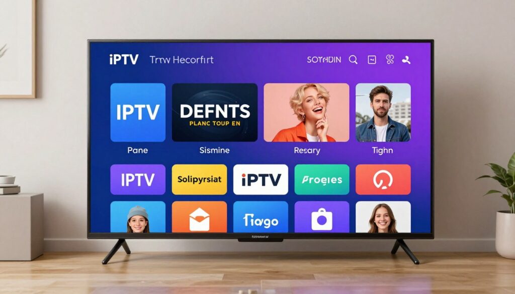 Generate an image of a Smart TV displaying an IPTV player interface. Generate an image of a Smart TV displaying an IPTV player interface.