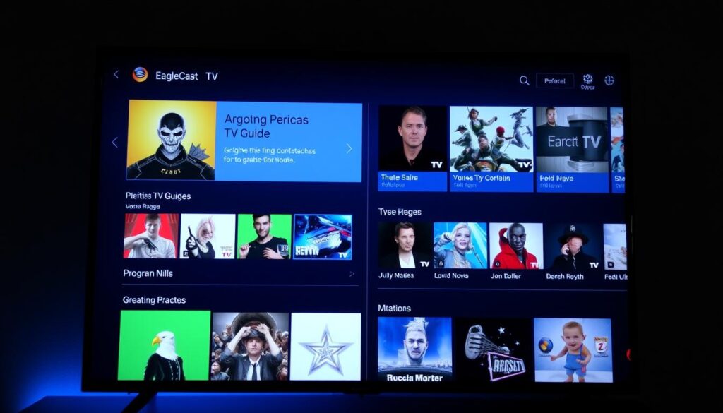 Generate an image of a TV screen displaying EagleCast TV's interface with a clear TV guide. Generate an image of a TV screen displaying EagleCast TV's interface with a clear TV guide.