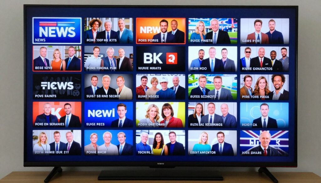 Generate an image of a TV screen displaying a mix of European and UK channels. Generate an image of a TV screen displaying a mix of European and UK channels.