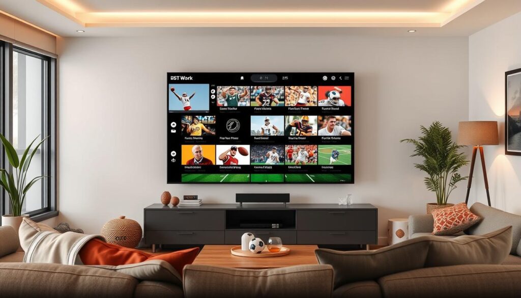 Generate an image of a TV screen displaying a variety of sports channels. Generate an image of a TV screen displaying a variety of sports channels.