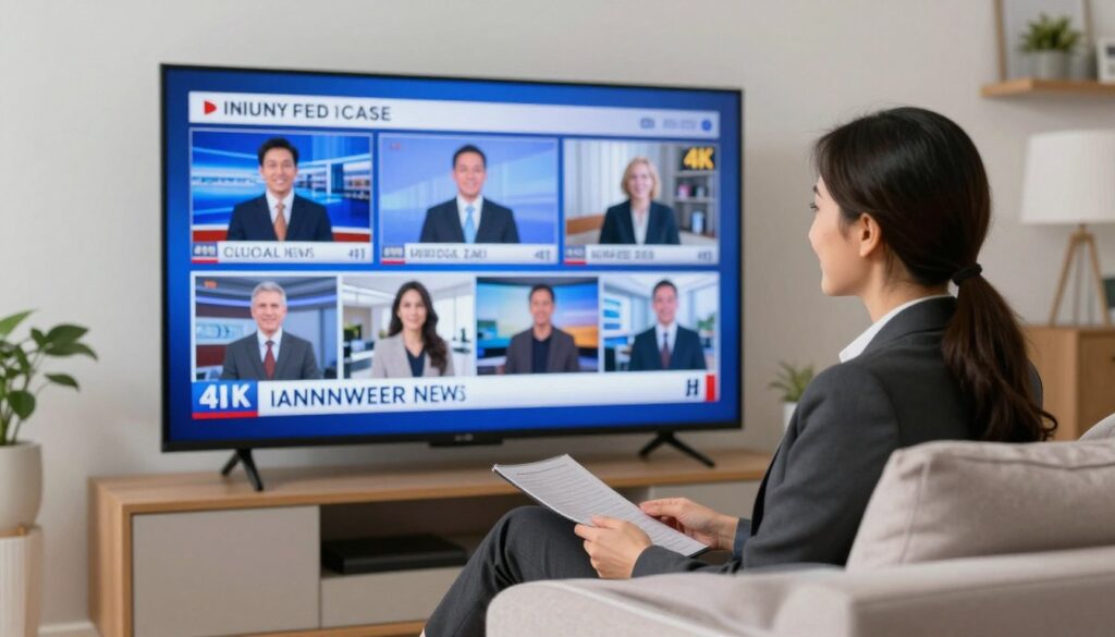 Generate an image of a TV screen displaying local news channels with a 4K resolution, alongside a satisfied customer on their couch. Generate an image of a TV screen displaying local news channels with a 4K resolution, alongside a satisfied customer on their couch.