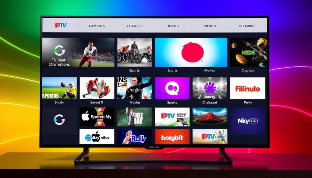 Generate an image of a TV screen displaying multiple channels from IPTV CA, including sports, movies, and news. Generate an image of a TV screen displaying multiple channels from IPTV CA, including sports, movies, and news.
