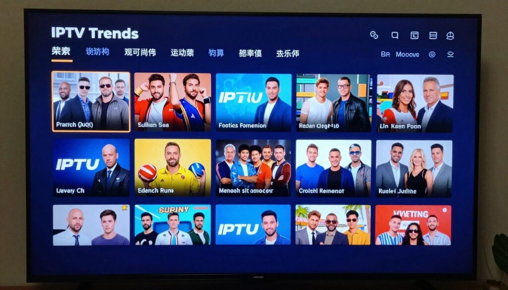 Generate an image of a TV screen displaying multiple channels from IPTV Trends Generate an image of a TV screen displaying multiple channels from IPTV Trends