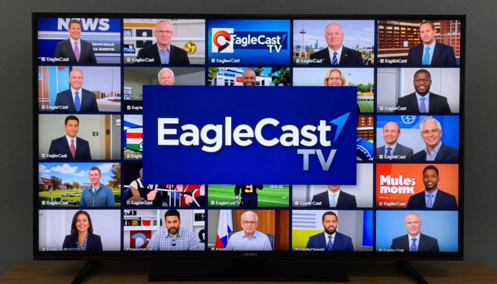 Generate an image of a TV screen displaying multiple channels simultaneously with EagleCast TV logo. Generate an image of a TV screen displaying multiple channels simultaneously with EagleCast TV logo.