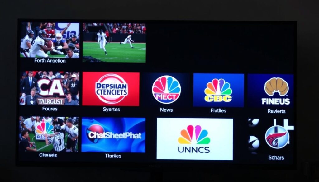 Generate an image of a TV screen displaying various North American channels and sports events. Generate an image of a TV screen displaying various North American channels and sports events.