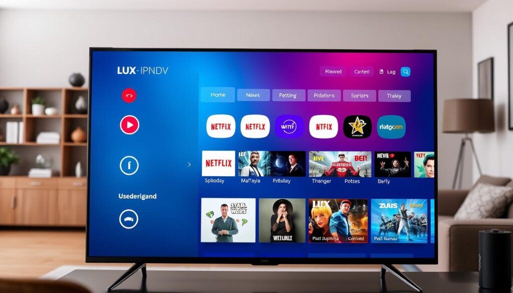 Generate an image of a TV screen displaying various channels and on-demand content offered by Lux-IPTV. Generate an image of a TV screen displaying various channels and on-demand content offered by Lux-IPTV.