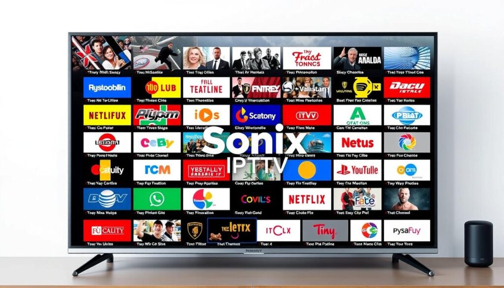Generate an image of a TV screen displaying various international channels with a prominent "Sonix IPTV" logo. Generate an image of a TV screen displaying various international channels with a prominent "Sonix IPTV" logo.