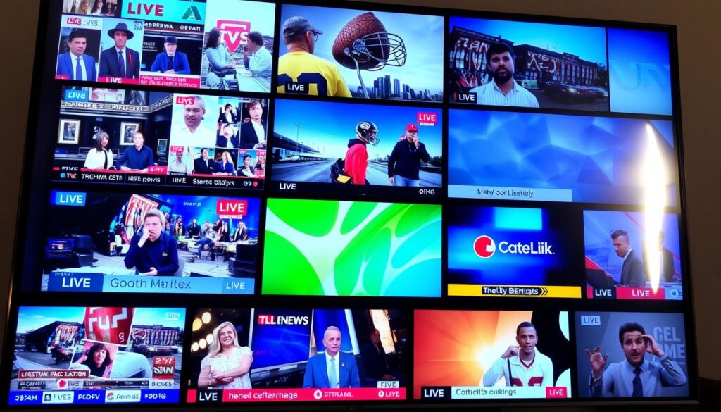 Generate an image of a TV screen showing various live TV channels. Generate an image of a TV screen showing various live TV channels.