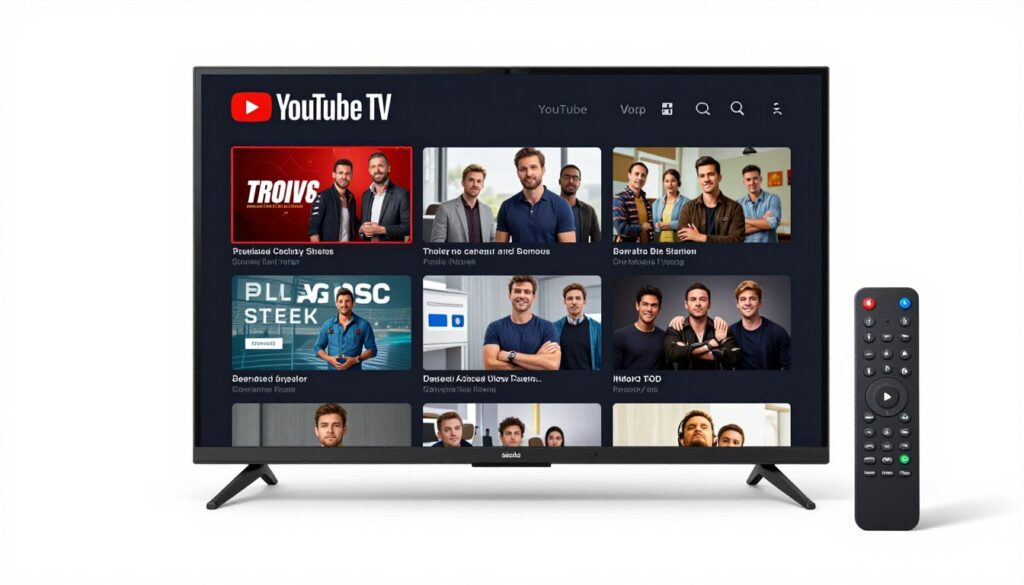 Generate an image of a YouTube TV interface on a streaming device. Generate an image of a YouTube TV interface on a streaming device.