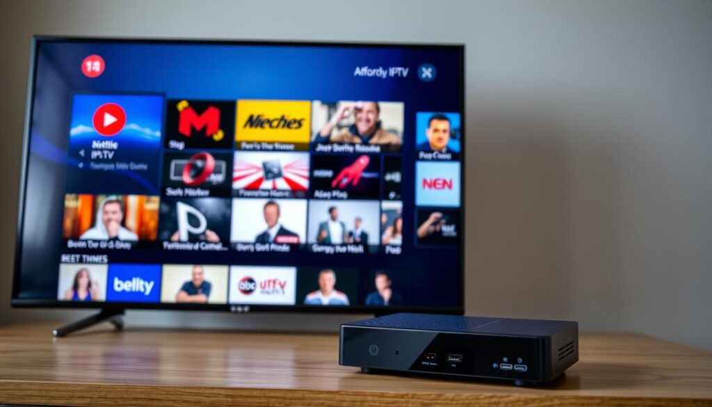 Generate an image of a budget-friendly IPTV device with a TV displaying various channels. Generate an image of a budget-friendly IPTV device with a TV displaying various channels.