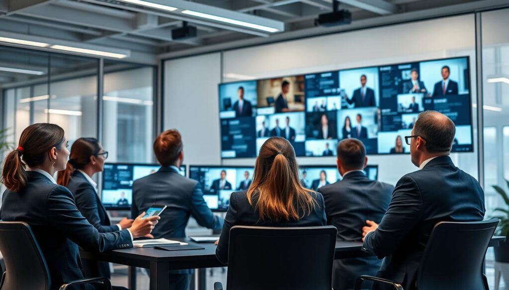 Generate an image of a corporate setting utilizing VITEC IPTV solutions for internal communications and training. Generate an image of a corporate setting utilizing VITEC IPTV solutions for internal communications and training.