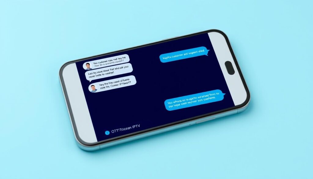 Generate an image of a customer support chat window on a mobile device for OTTOcean IPTV service. Generate an image of a customer support chat window on a mobile device for OTTOcean IPTV service.