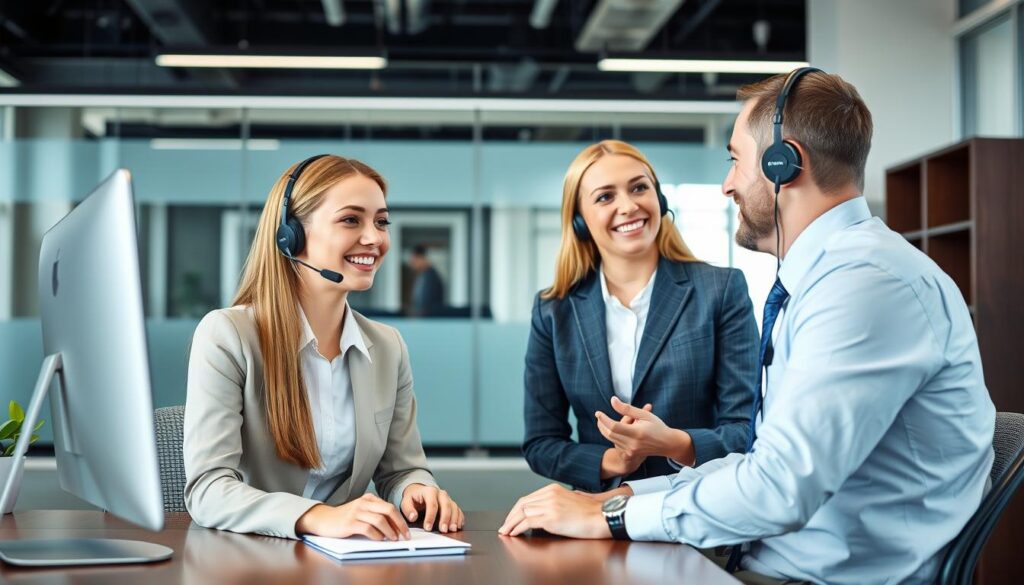 Generate an image of a customer support representative assisting a client. Generate an image of a customer support representative assisting a client.
