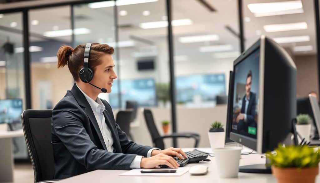 Generate an image of a customer support representative assisting a user with Tellystudio IPTV service on a computer. Generate an image of a customer support representative assisting a user with Tellystudio IPTV service on a computer.