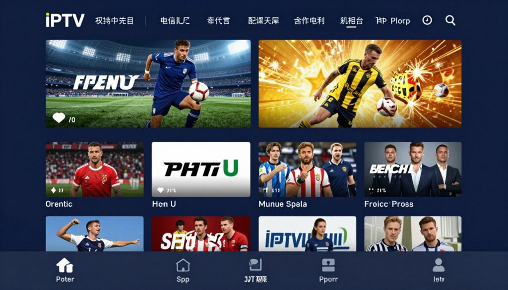 Generate an image of a dynamic IPTV interface with specialized sports channels and international programming. Generate an image of a dynamic IPTV interface with specialized sports channels and international programming.