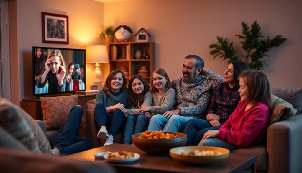Generate an image of a family watching TV together using the TiVistation IPTV service on their smart TV. Generate an image of a family watching TV together using the TiVistation IPTV service on their smart TV.