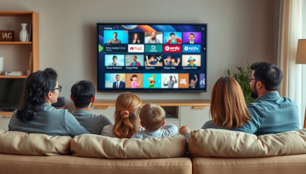 Generate an image of a family watching TV together, with a variety of channels displayed on the screen. Generate an image of a family watching TV together, with a variety of channels displayed on the screen.