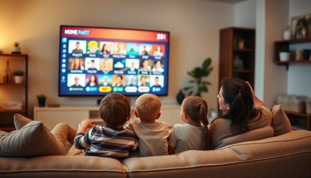 Generate an image of a family watching TV together with a variety of channels on the screen. Generate an image of a family watching TV together with a variety of channels on the screen.