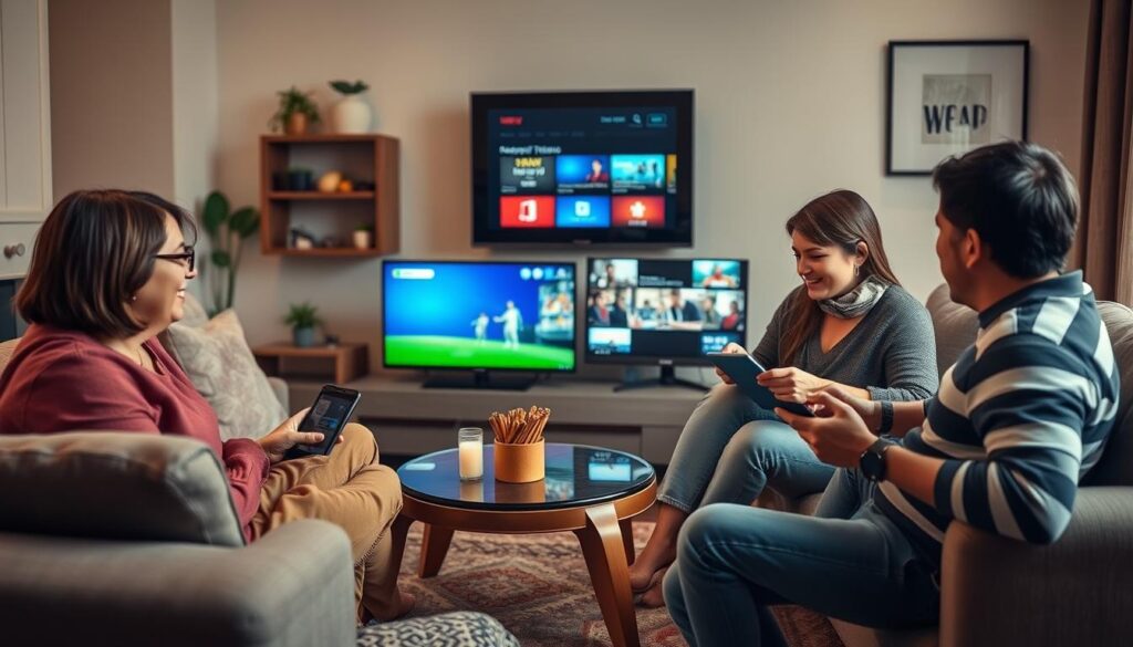 Generate an image of a family watching different channels on multiple devices via IPTV. Generate an image of a family watching different channels on multiple devices via IPTV.