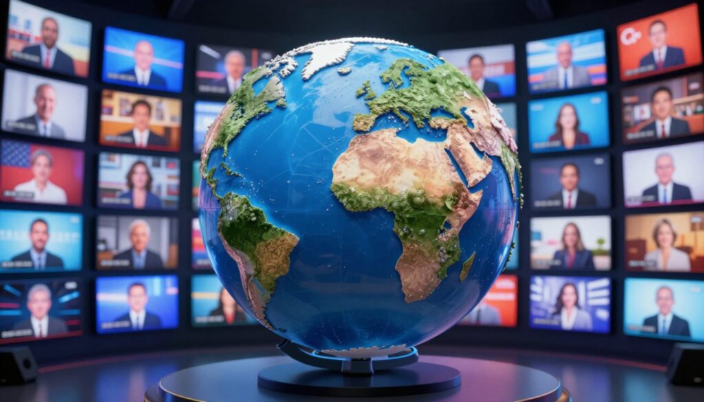 Generate an image of a globe with various TV channels displayed on screens around it, highlighting international content. Generate an image of a globe with various TV channels displayed on screens around it, highlighting international content.