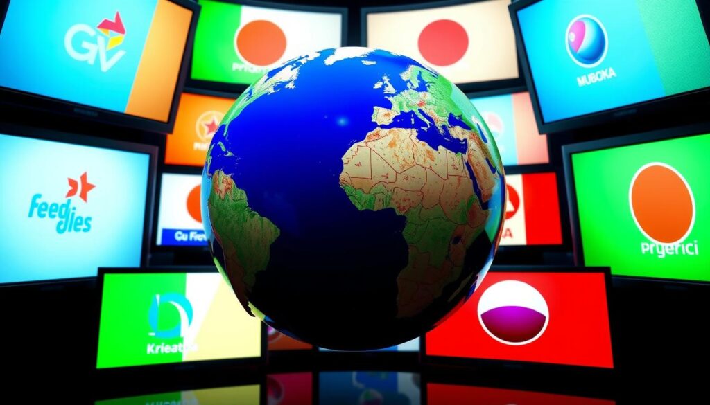 Generate an image of a globe with various TV channels streaming from different countries. Generate an image of a globe with various TV channels streaming from different countries.