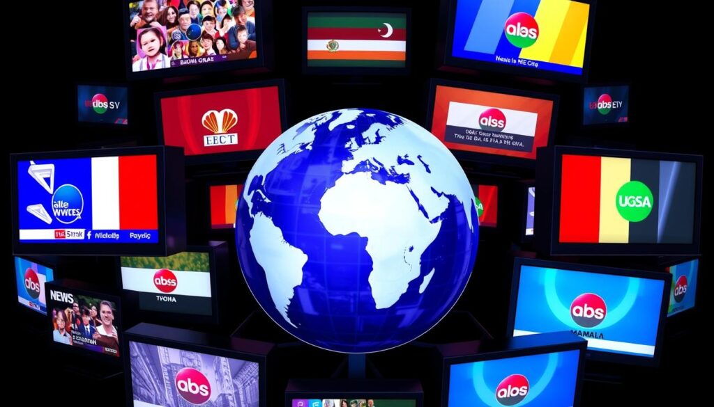 Generate an image of a globe with various TV screens around it, displaying different international channels. Generate an image of a globe with various TV screens around it, displaying different international channels.