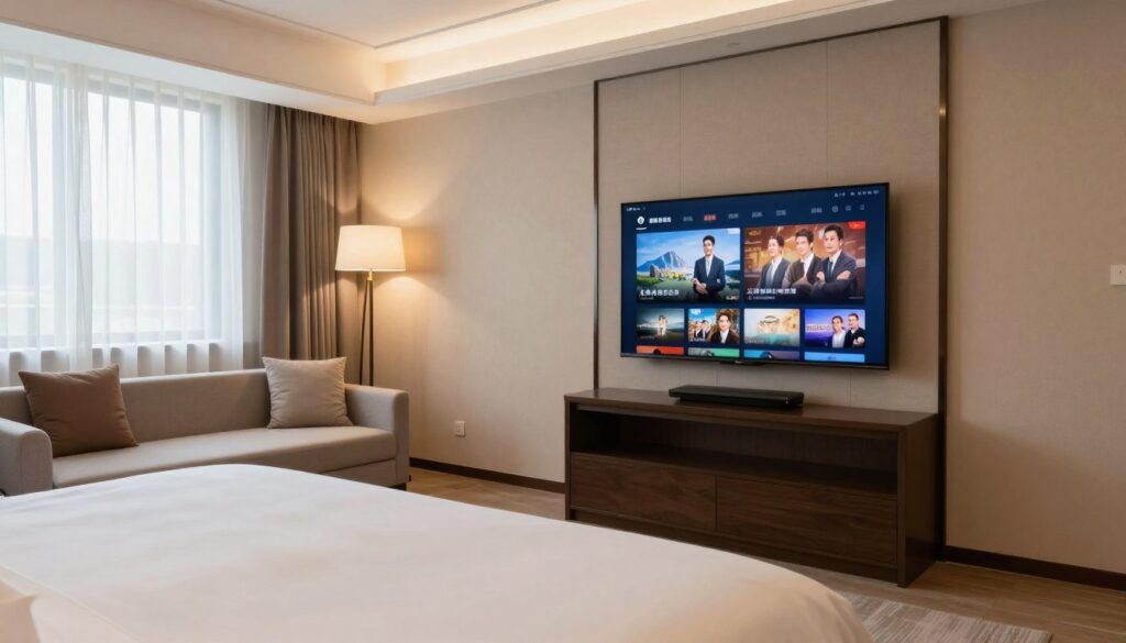 Generate an image of a hotel room with a TV displaying various entertainment options. Generate an image of a hotel room with a TV displaying various entertainment options.