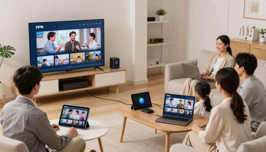 Generate an image of a household with multiple devices connected to IPTV streaming services via IPVanish VPN Generate an image of a household with multiple devices connected to IPTV streaming services via IPVanish VPN