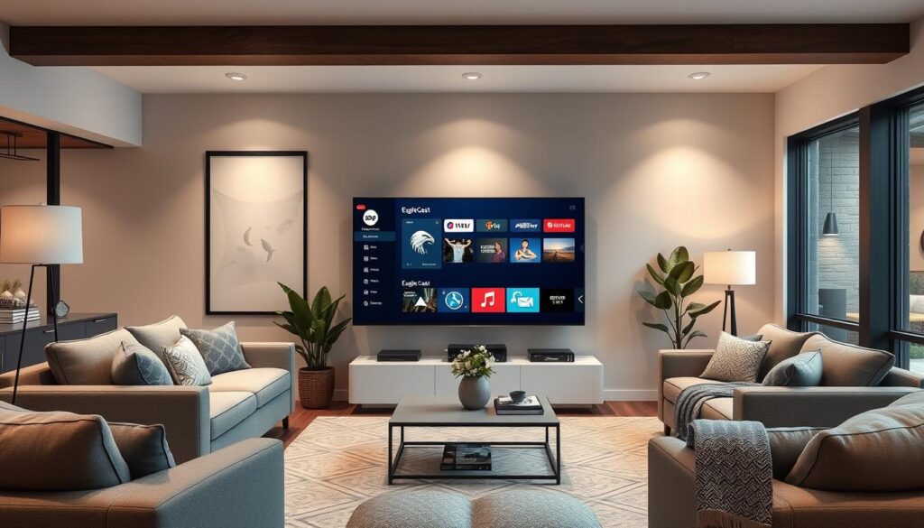 Generate an image of a modern living room with a large screen TV displaying EagleCast TV's interface. Generate an image of a modern living room with a large screen TV displaying EagleCast TV's interface.