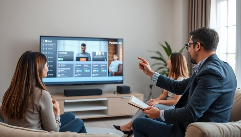 Generate an image of a parent setting up parental controls on a TV. Generate an image of a parent setting up parental controls on a TV.