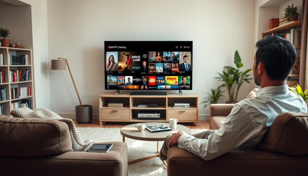 Generate an image of a person accessing a vast library of on-demand content on their Smart TV. Generate an image of a person accessing a vast library of on-demand content on their Smart TV.