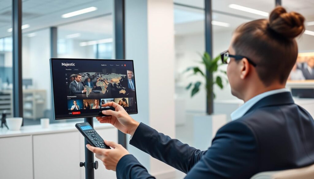 Generate an image of a person accessing global content through Majestic IPTV on their device. Generate an image of a person accessing global content through Majestic IPTV on their device.
