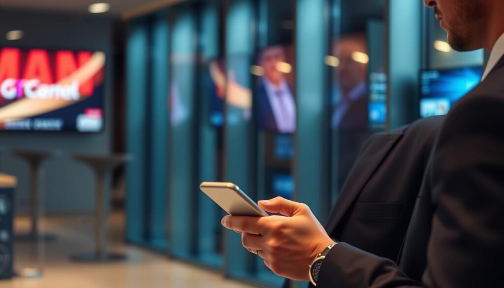 Generate an image of a person accessing various IPTV channels and content through the OTTOcean service on their mobile device. Generate an image of a person accessing various IPTV channels and content through the OTTOcean service on their mobile device.
