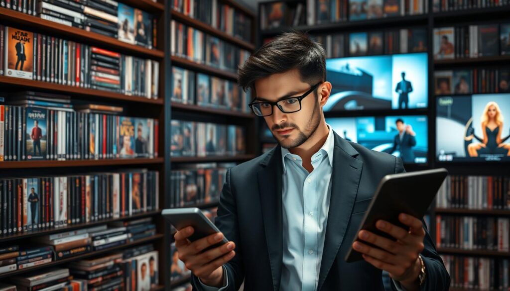 Generate an image of a person browsing through a vast library of movies and TV series on their device. Generate an image of a person browsing through a vast library of movies and TV series on their device.