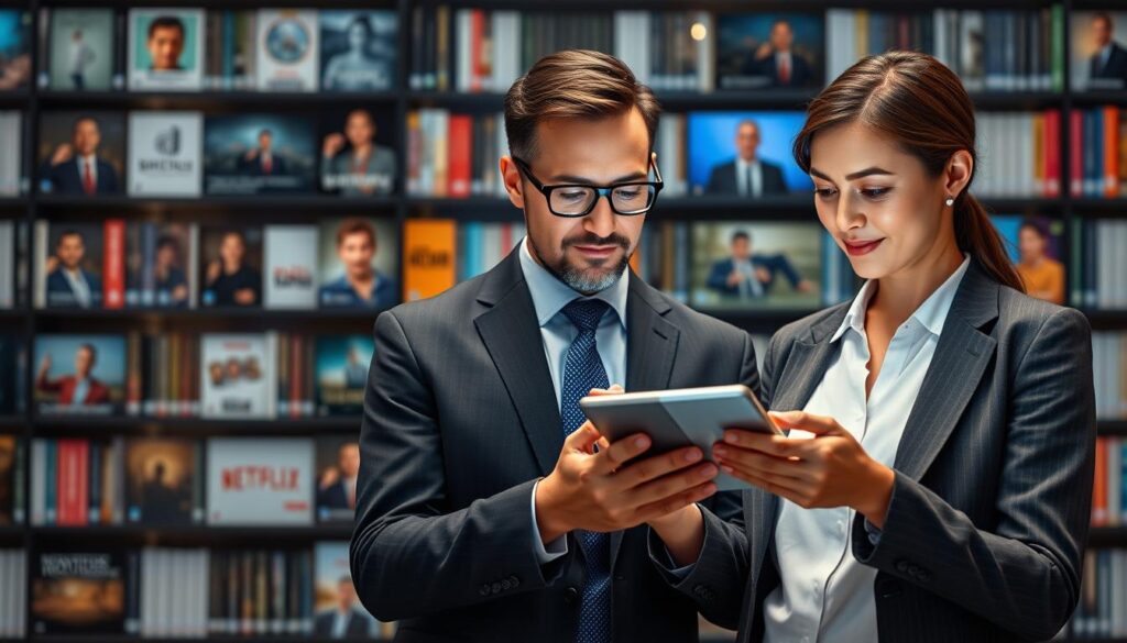Generate an image of a person browsing through a vast on-demand content library on their device. Generate an image of a person browsing through a vast on-demand content library on their device.