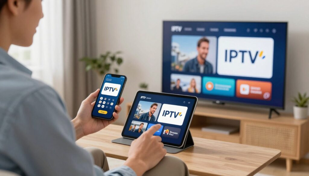 Generate an image of a person enjoying IPTV Stream Plus on multiple devices Generate an image of a person enjoying IPTV Stream Plus on multiple devices