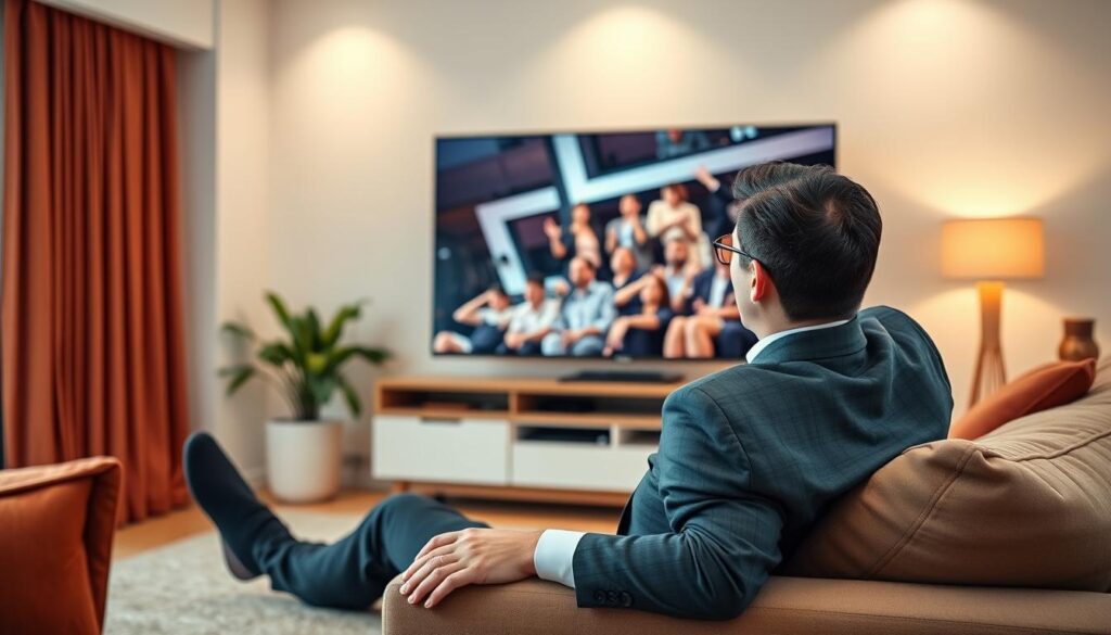 Generate an image of a person enjoying a high-definition movie on their TV. Generate an image of a person enjoying a high-definition movie on their TV.