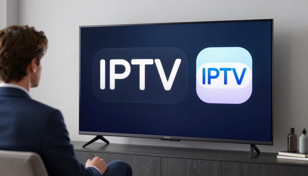 Generate an image of a person enjoying a movie on a big screen TV with a premium IPTV logo displayed. Generate an image of a person enjoying a movie on a big screen TV with a premium IPTV logo displayed.