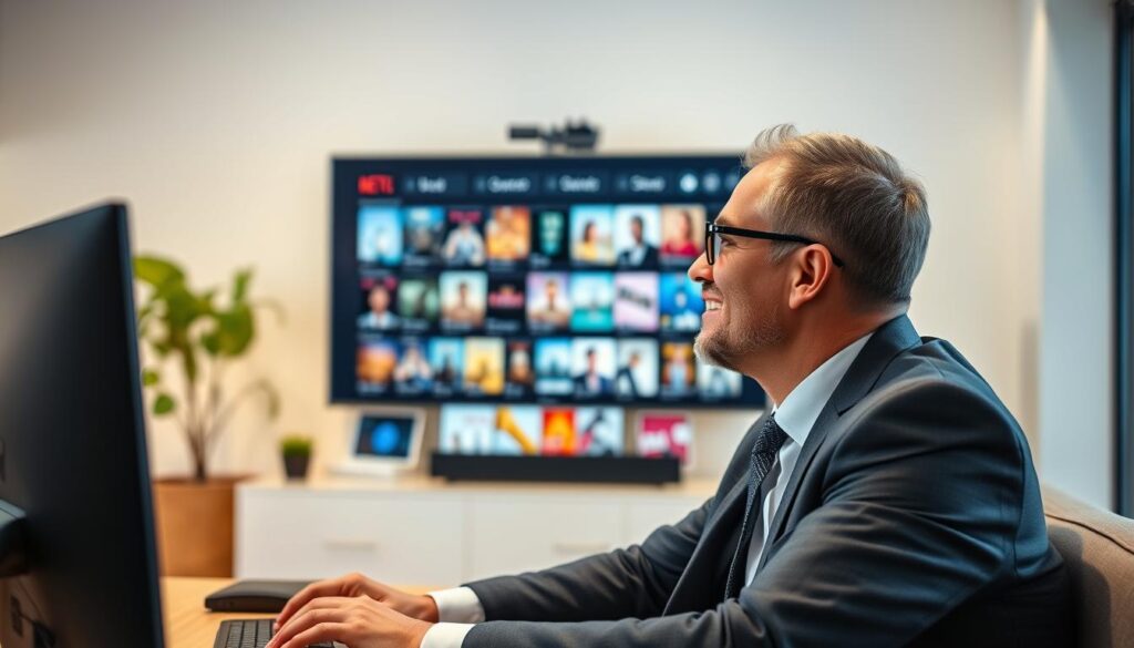 Generate an image of a person enjoying a seamless streaming experience with a vast collection of movies and TV shows on their screen. Generate an image of a person enjoying a seamless streaming experience with a vast collection of movies and TV shows on their screen.
