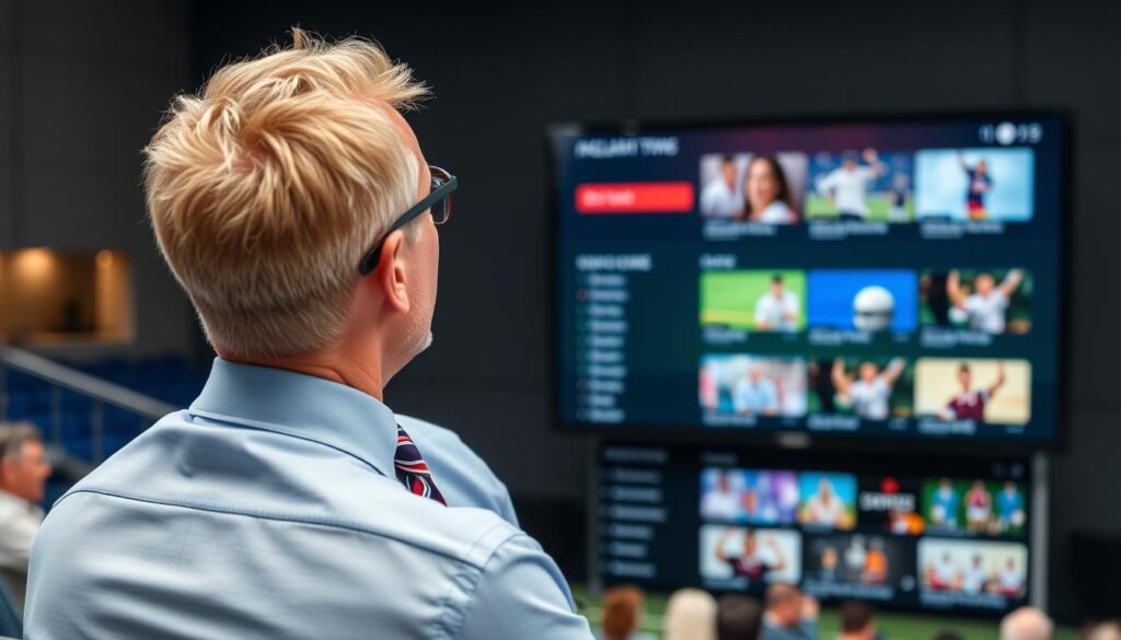 Generate an image of a person enjoying a sports event on IPTV Gear with various sports channels listed. Generate an image of a person enjoying a sports event on IPTV Gear with various sports channels listed.