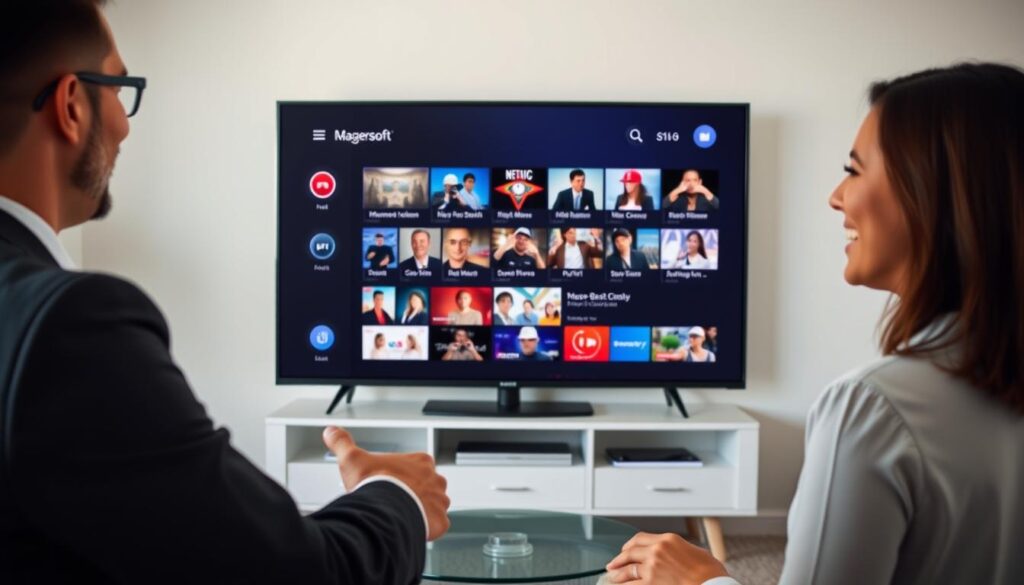 Generate an image of a person enjoying a vast array of TV channels on their smart TV. Generate an image of a person enjoying a vast array of TV channels on their smart TV.