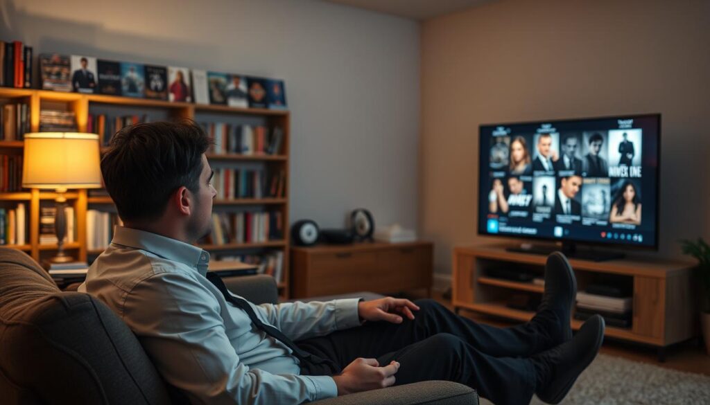 Generate an image of a person enjoying a vast collection of movies and series on their TV. Generate an image of a person enjoying a vast collection of movies and series on their TV.
