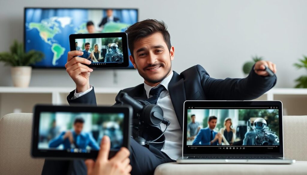 Generate an image of a person enjoying global entertainment on various devices with zero buffering. Generate an image of a person enjoying global entertainment on various devices with zero buffering.