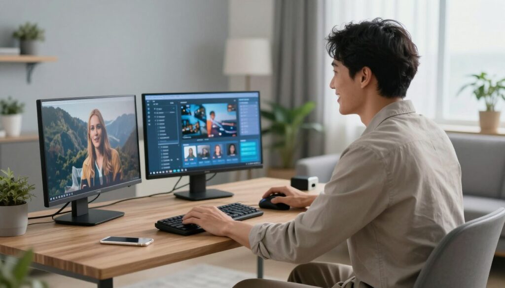 Generate an image of a person enjoying high-quality streaming on multiple devices. Generate an image of a person enjoying high-quality streaming on multiple devices.
