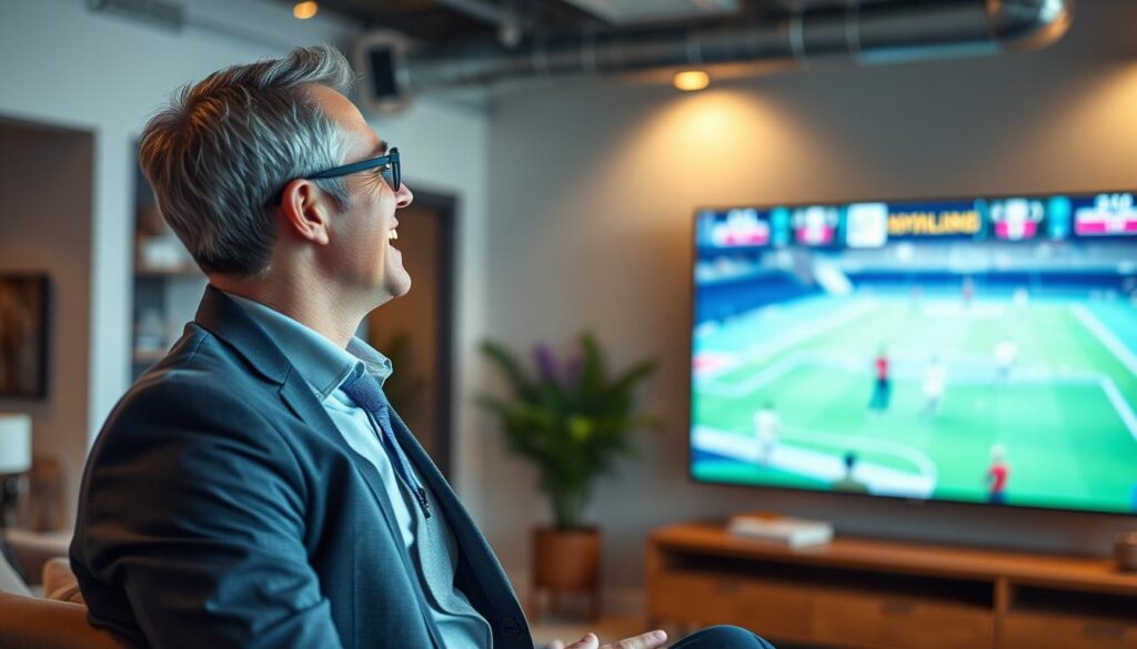 Generate an image of a person enjoying live sports on TiVistation Generate an image of a person enjoying live sports on TiVistation