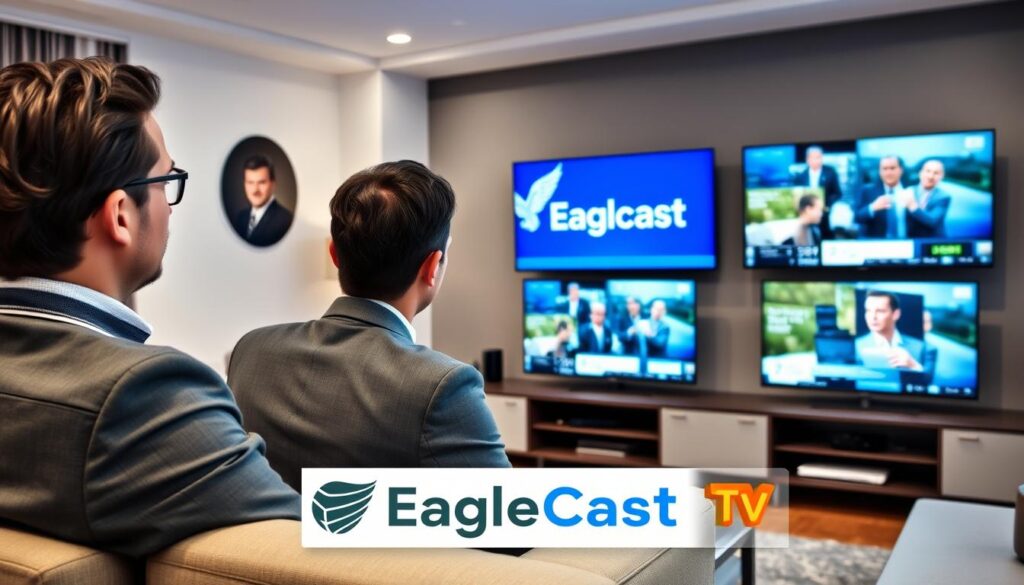 Generate an image of a person enjoying multiple TV channels simultaneously on different screens with EagleCast TV logo Generate an image of a person enjoying multiple TV channels simultaneously on different screens with EagleCast TV logo